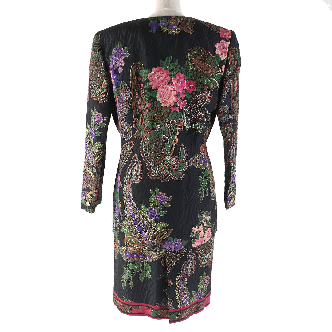 極美△LEONARD FASHION レオナール ファッション シルク ウール ペイズリー 花柄 ノーカラージャケット タイトスカート セットアップ 9AR