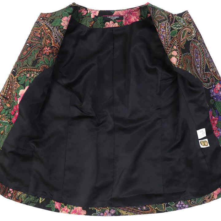 極美△LEONARD FASHION レオナール ファッション シルク ウール ペイズリー 花柄 ノーカラージャケット タイトスカート セットアップ 9AR