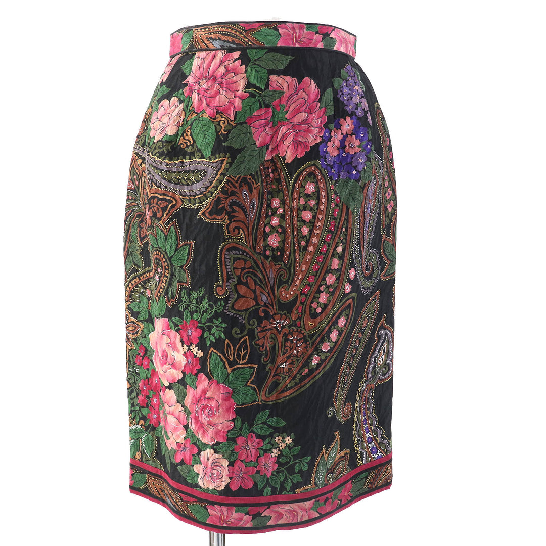 極美△LEONARD FASHION レオナール ファッション シルク ウール ペイズリー 花柄 ノーカラージャケット タイトスカート セットアップ 9AR