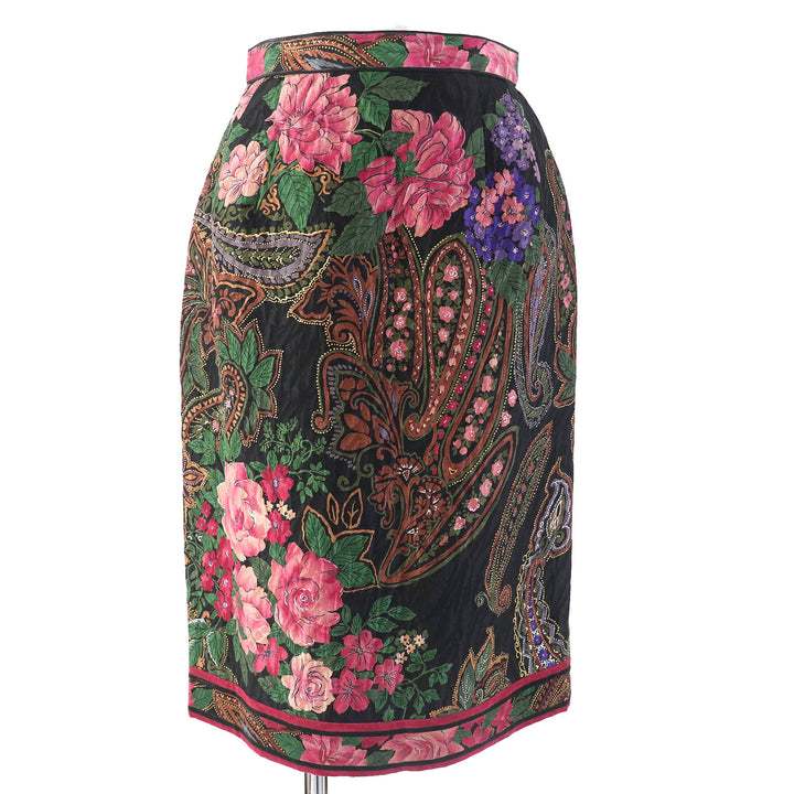 極美△LEONARD FASHION レオナール ファッション シルク ウール ペイズリー 花柄 ノーカラージャケット タイトスカート セットアップ 9AR
