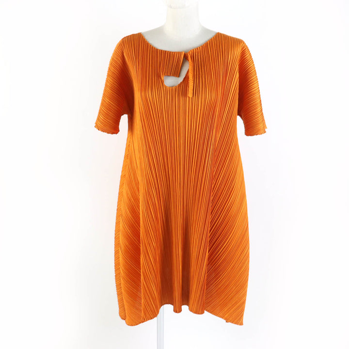 美品★PLEATS PLEASE プリーツプリーズ イッセイミヤケ PP81-JH403 半袖 膝丈 フレア ワンピース オレンジ 3 日本製 正規品 レディース