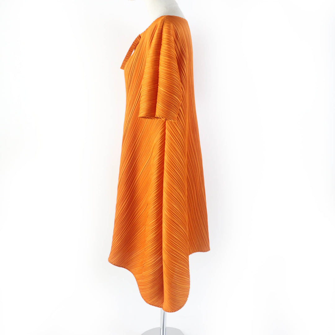 美品★PLEATS PLEASE プリーツプリーズ イッセイミヤケ PP81-JH403 半袖 膝丈 フレア ワンピース オレンジ 3 日本製 正規品 レディース