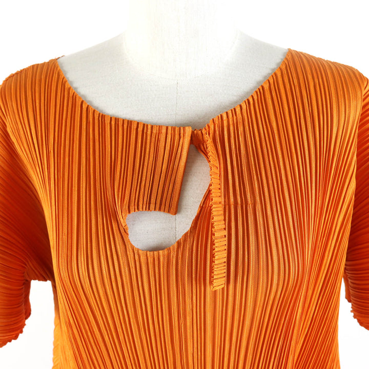 美品★PLEATS PLEASE プリーツプリーズ イッセイミヤケ PP81-JH403 半袖 膝丈 フレア ワンピース オレンジ 3 日本製 正規品 レディース