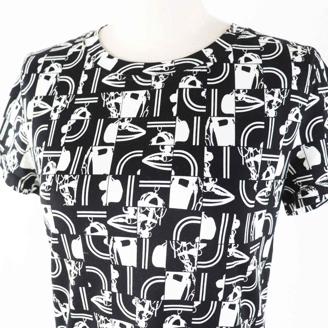 美品◎HERMES エルメス 21SS BRIDES de GALA en Desordre 式典用馬勒 コットン100％ 半袖Ｔシャツ ブラック ホワイト 34 仏製 正規品