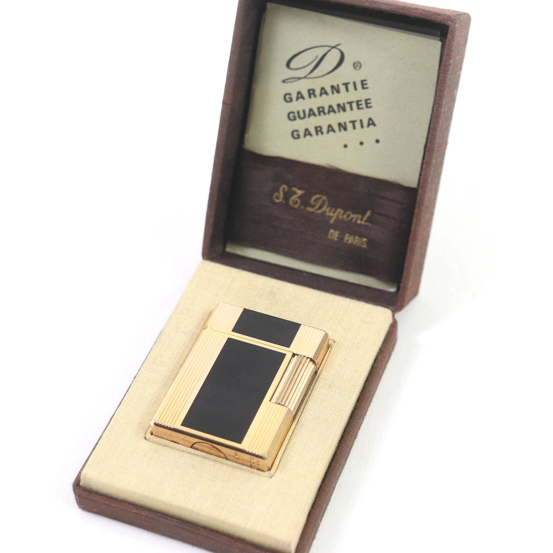外装良品□Dupont デュポン ライン1 ショート 都彭 ラッカー スクエア ガスライター ゴールド ブラック ケース付き フランス製 着火不可