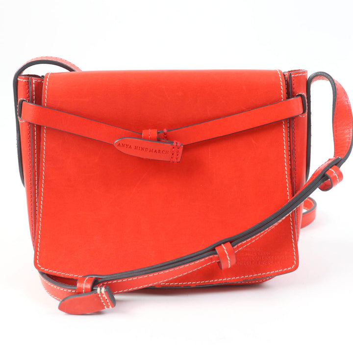 美品☆ANYA HINDMARCH アニヤ ハインドマーチ RETURN TO NATURE ロゴ刻印 レザーショルダーバッグ クロスボディ 朱色 定価110000円