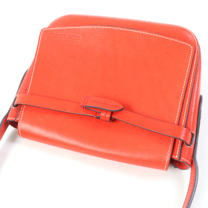 美品☆ANYA HINDMARCH アニヤ ハインドマーチ RETURN TO NATURE ロゴ刻印 レザーショルダーバッグ クロスボディ 朱色 定価110000円