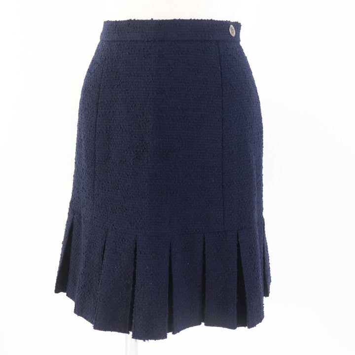 美品◎CHANEL シャネル ヴィンテージ 97A P09685 ウール 単色ツイード セットアップ ネイビー 36・36 フランス製 正規品 レディース