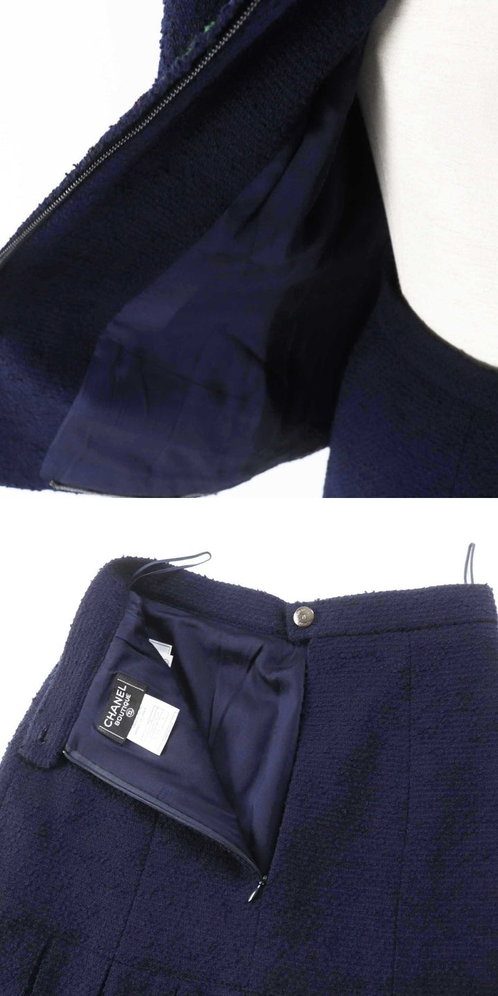美品◎CHANEL シャネル ヴィンテージ 97A P09685 ウール 単色ツイード セットアップ ネイビー 36・36 フランス製 正規品 レディース