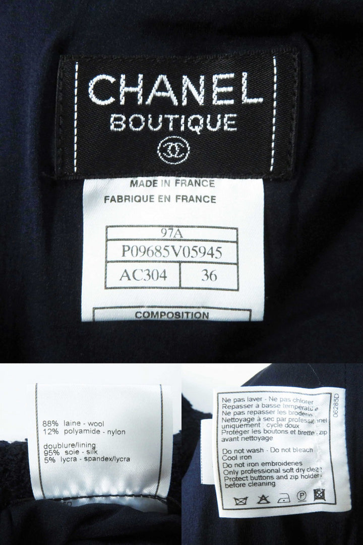 美品◎CHANEL シャネル ヴィンテージ 97A P09685 ウール 単色ツイード セットアップ ネイビー 36・36 フランス製 正規品 レディース