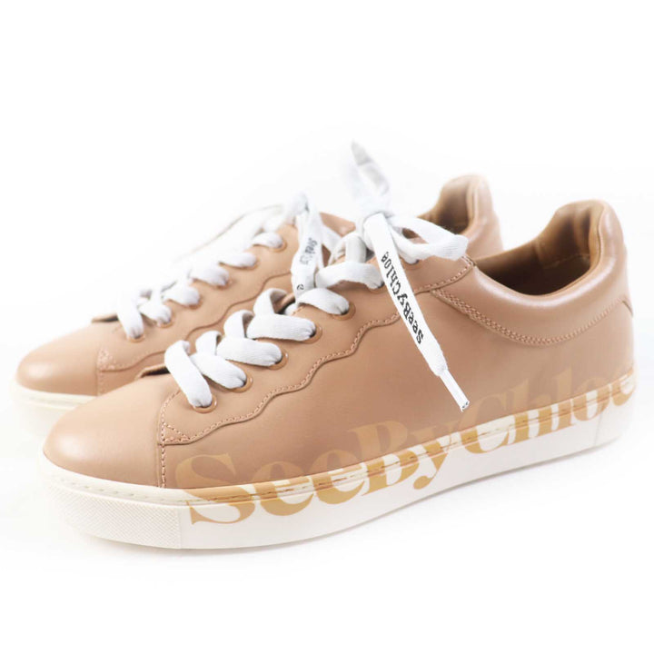 極美品◎SEE BY CHLOE シーバイクロエ SB33125A ESSIE ロゴプリント レザー ローカットスニーカー ベージュ 38 箱・保存袋付き レディース