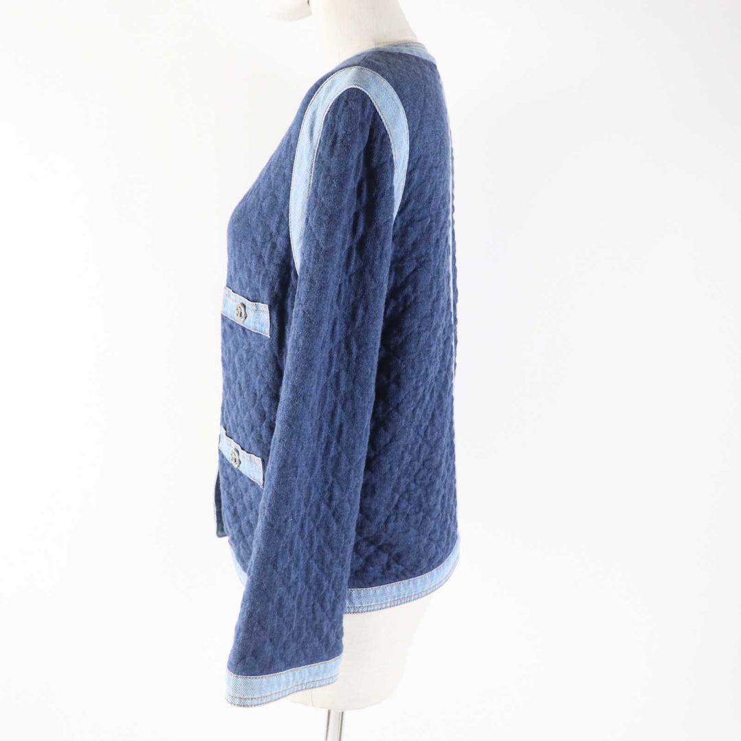 極美品◎CHANEL シャネル 20P P63016 ラインストーンココボタン付き 裏地総柄 デニム切替 ノーカラージャケット ネイビー ライトブルー 34