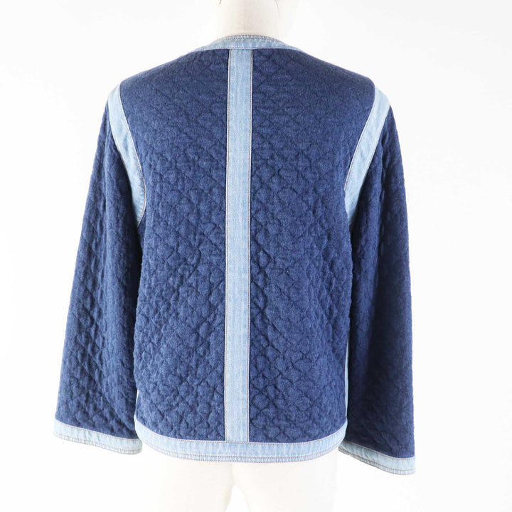 極美品◎CHANEL シャネル 20P P63016 ラインストーンココボタン付き 裏地総柄 デニム切替 ノーカラージャケット ネイビー ライトブルー 34