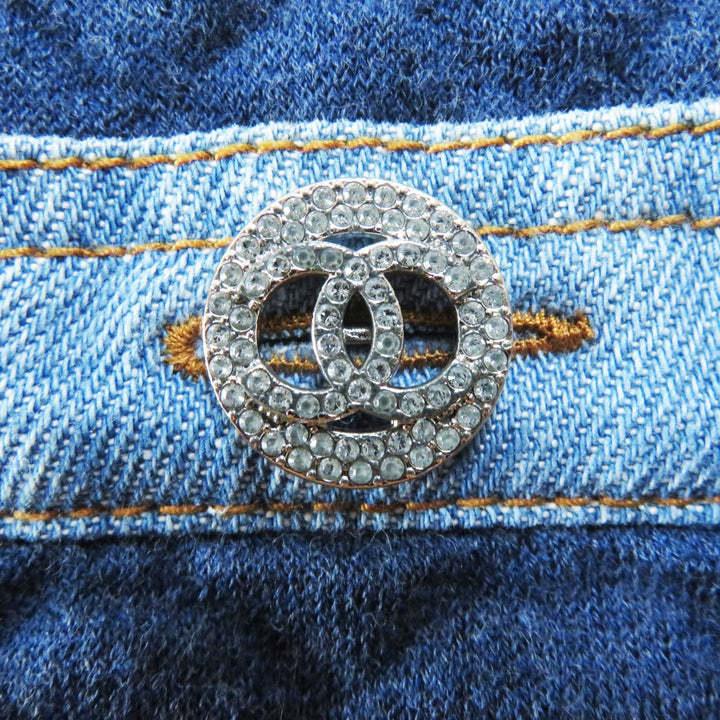 極美品◎CHANEL シャネル 20P P63016 ラインストーンココボタン付き 裏地総柄 デニム切替 ノーカラージャケット ネイビー ライトブルー 34