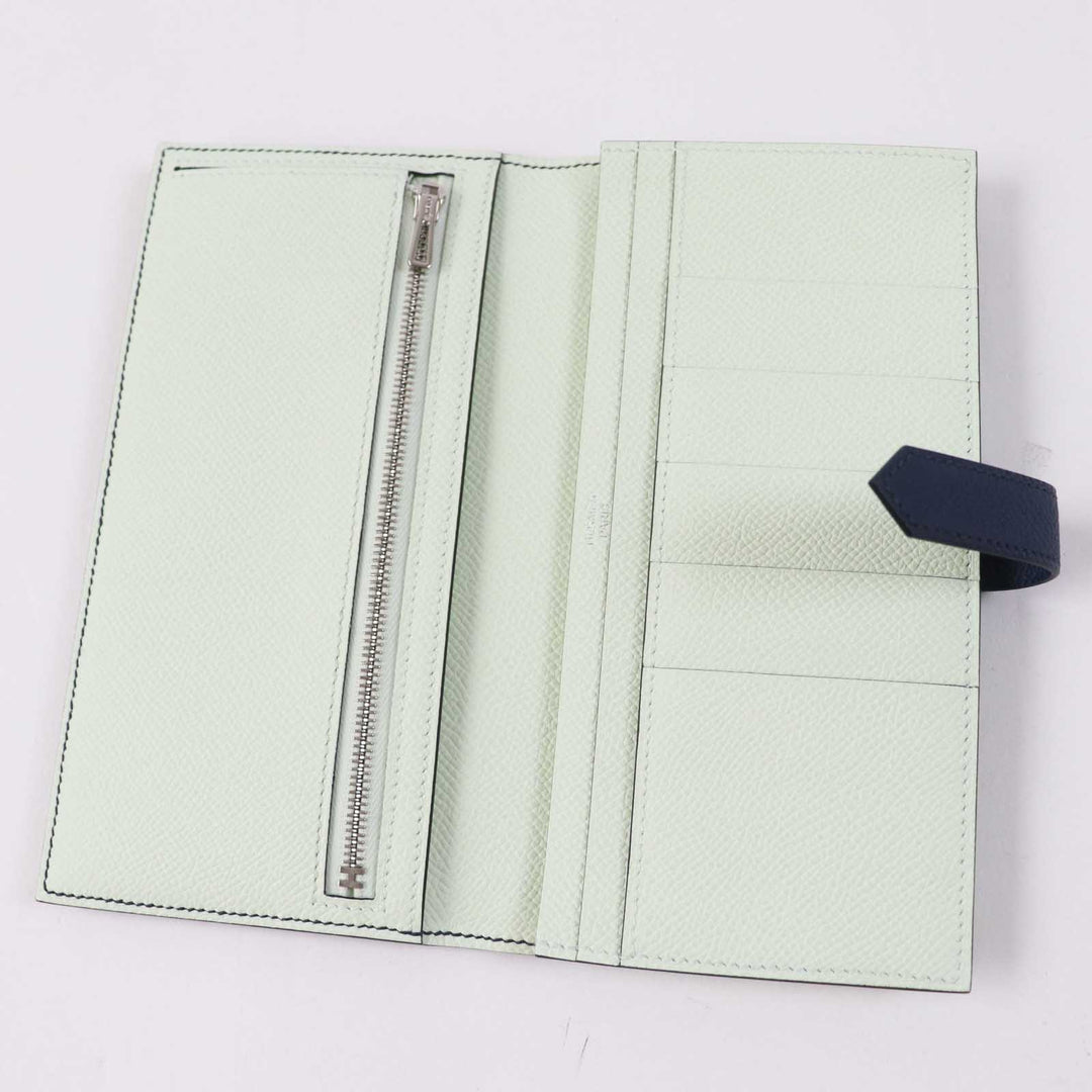 未使用品◎HERMES エルメス ベアンスフレ ヴェルソ ブルードプリュス／ヴェールフィズ シルバー金具 ヴォーエプソン 長財布 W刻印 箱付き