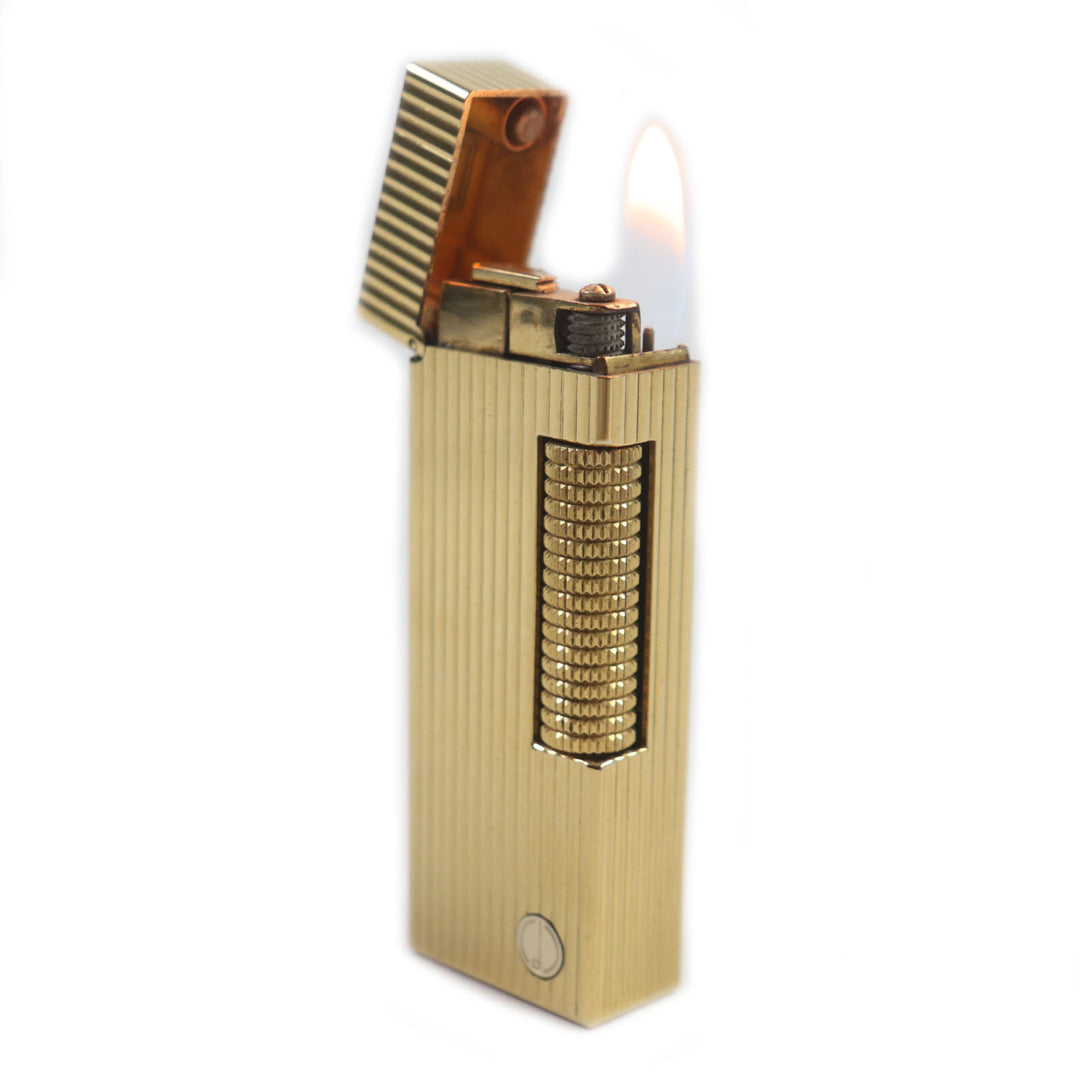 美品▼Dunhill ダンヒル スクエア ストライプ柄 ロゴ付き ローラー式 ガスライター ゴールド スイス製 メンズ 着火確認済み