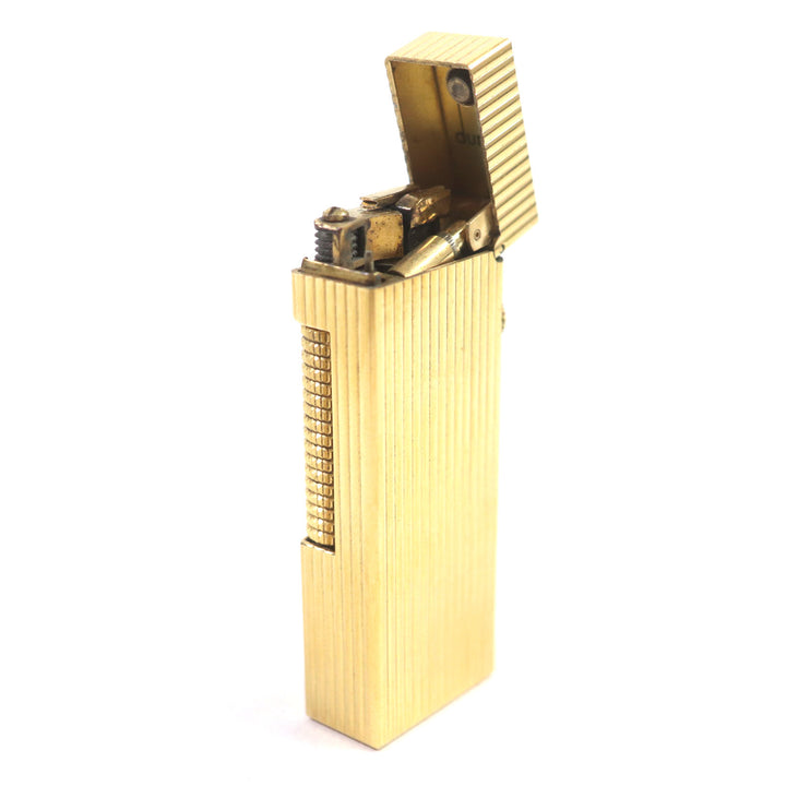 美品▼Dunhill ダンヒル スクエア ストライプ柄 ロゴ付き ローラー式 ガスライター ゴールド スイス製 メンズ 着火確認済み