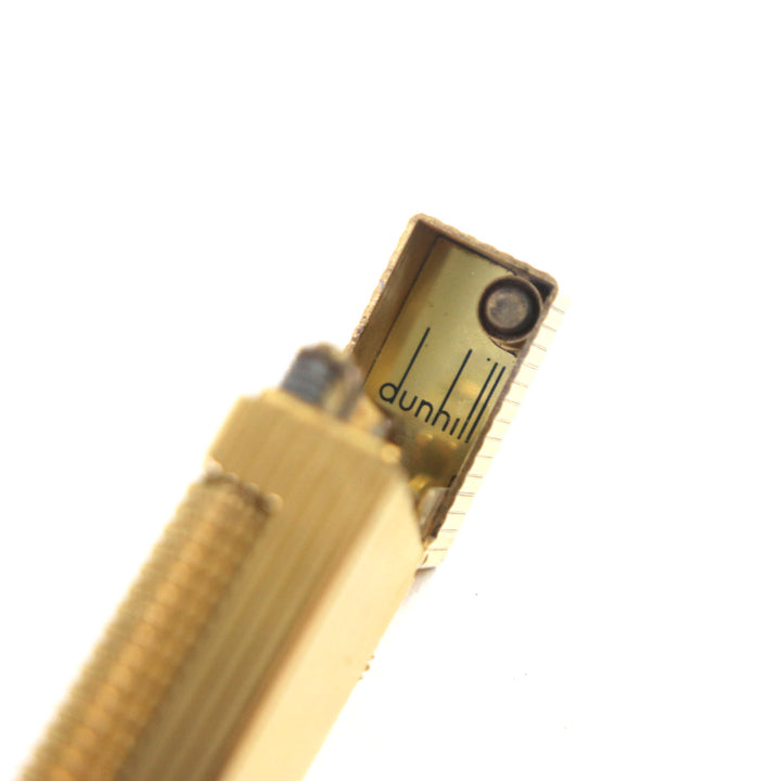 美品▼Dunhill ダンヒル スクエア ストライプ柄 ロゴ付き ローラー式 ガスライター ゴールド スイス製 メンズ 着火確認済み
