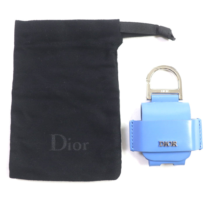 美品▼DIOR ディオール オム レザー ロゴ金具付き イヤホンケース AirPods ライトブルー シルバー 保存袋付き イタリア製 メンズ