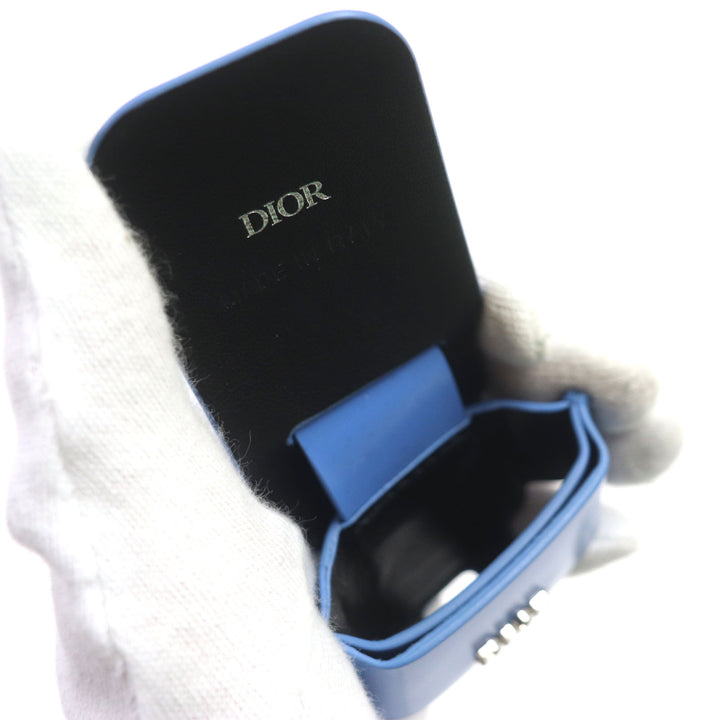 美品▼DIOR ディオール オム レザー ロゴ金具付き イヤホンケース AirPods ライトブルー シルバー 保存袋付き イタリア製 メンズ