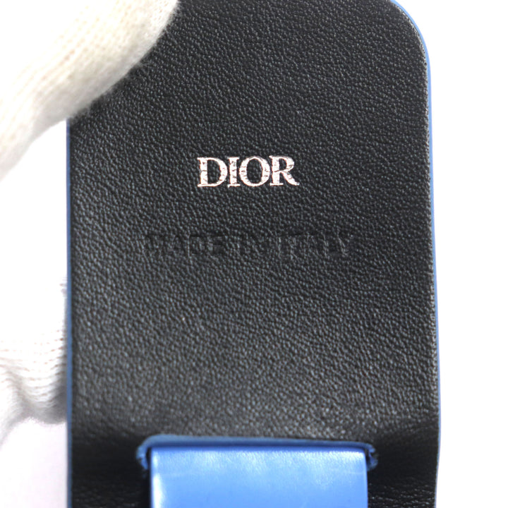 美品▼DIOR ディオール オム レザー ロゴ金具付き イヤホンケース AirPods ライトブルー シルバー 保存袋付き イタリア製 メンズ