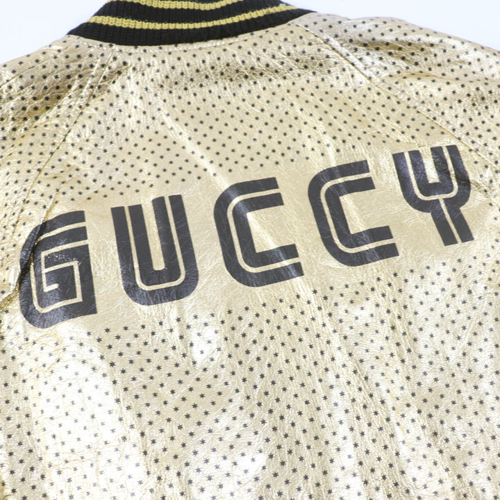 美品☆GUCCI グッチ 19AW 519455 ラムスキン GUCCYバックロゴ ボンバージャケット ゴールド 38 イタリア製 正規品 レディース