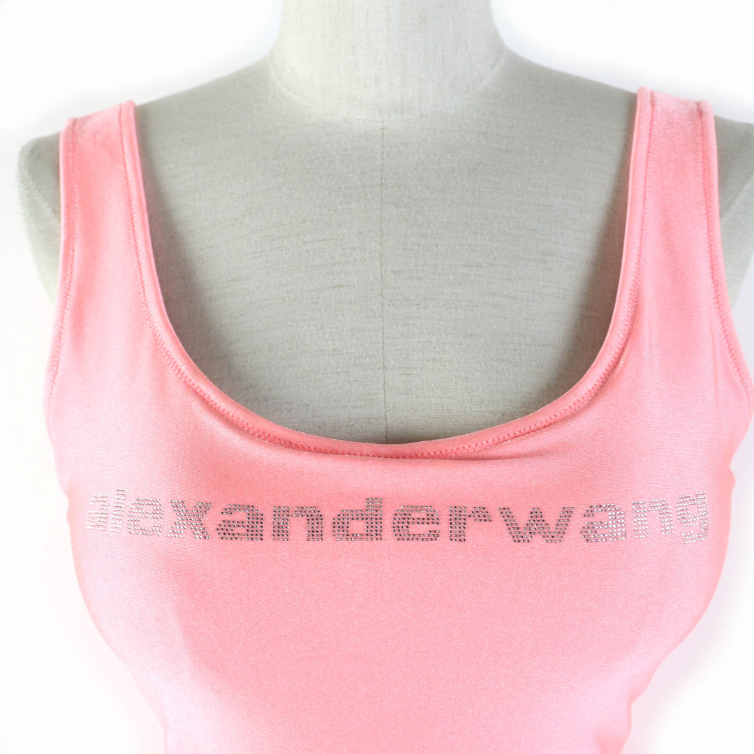 美品☆Alexander Wang アレキサンダーワン クリスタルロゴビジュー ストレッチサテン ジャージーマキシ ドレス コーラルピンク S 正規品