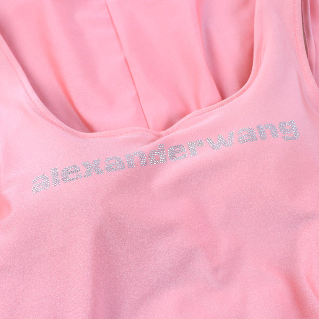 美品☆Alexander Wang アレキサンダーワン クリスタルロゴビジュー ストレッチサテン ジャージーマキシ ドレス コーラルピンク S 正規品