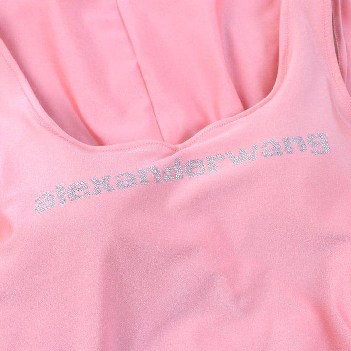 美品☆Alexander Wang アレキサンダーワン クリスタルロゴビジュー ストレッチサテン ジャージーマキシ ドレス コーラルピンク S 正規品