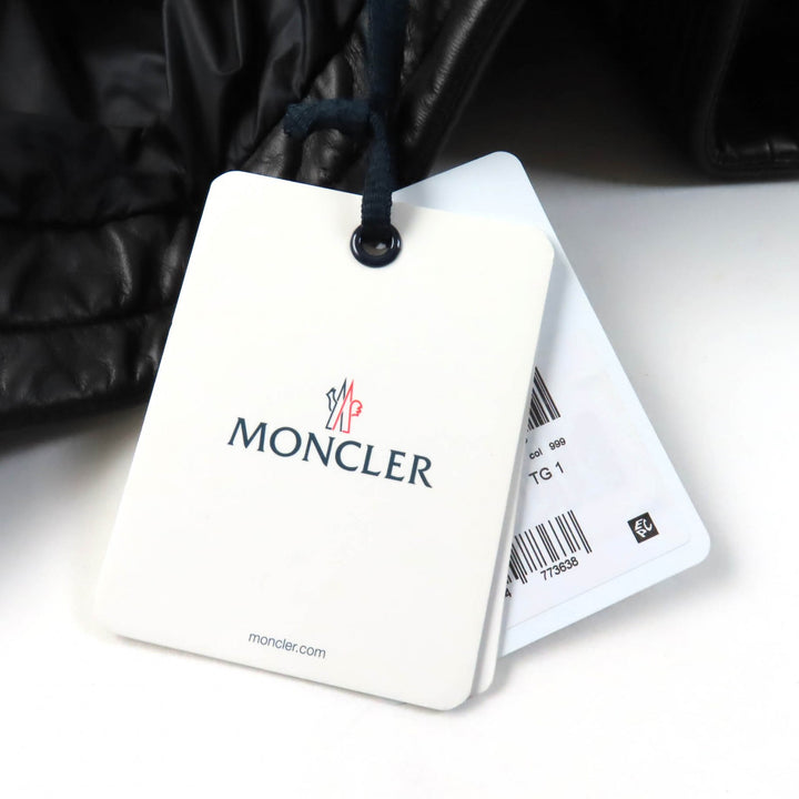未使用品★MONCLER モンクレール FLAMANT ラバーロゴワッペン付 ラムレザー ライダース ダウンジャケット ブラック 1 正規品 レディース