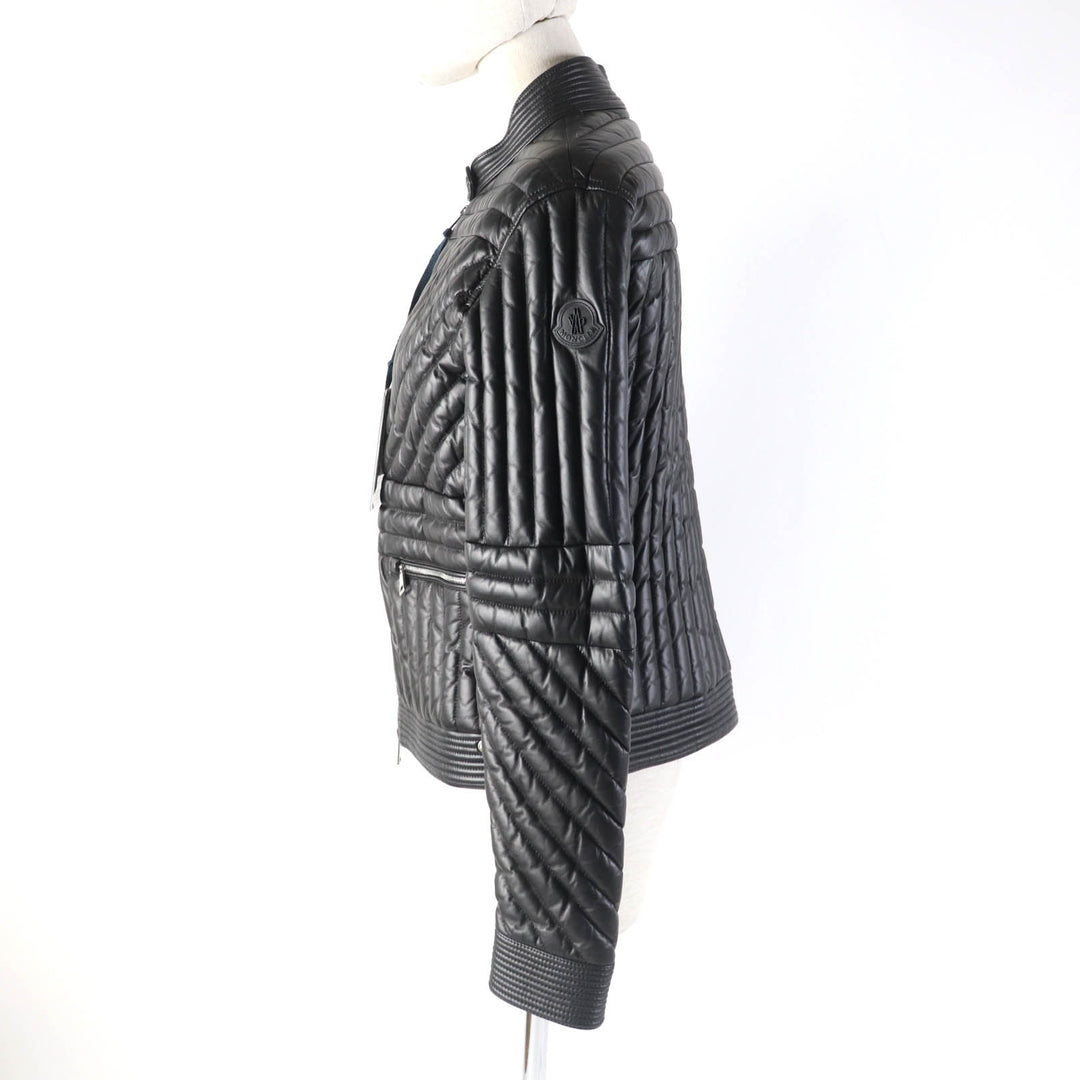 未使用品★MONCLER モンクレール FLAMANT ラバーロゴワッペン付 ラムレザー ライダース ダウンジャケット ブラック 1 正規品 レディース
