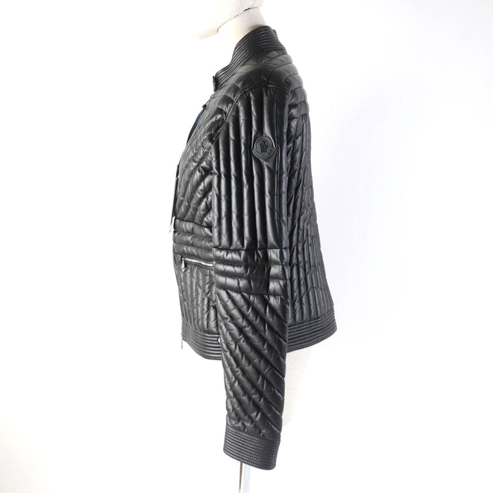未使用品★MONCLER モンクレール FLAMANT ラバーロゴワッペン付 ラムレザー ライダース ダウンジャケット ブラック 1 正規品 レディース
