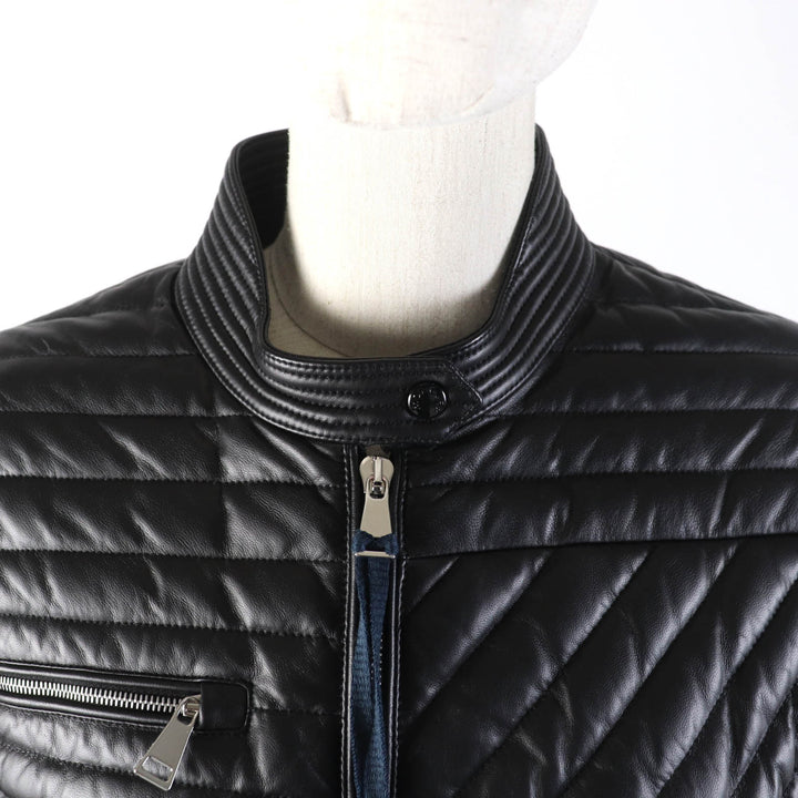 未使用品★MONCLER モンクレール FLAMANT ラバーロゴワッペン付 ラムレザー ライダース ダウンジャケット ブラック 1 正規品 レディース