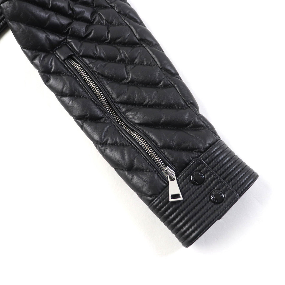 未使用品★MONCLER モンクレール FLAMANT ラバーロゴワッペン付 ラムレザー ライダース ダウンジャケット ブラック 1 正規品 レディース