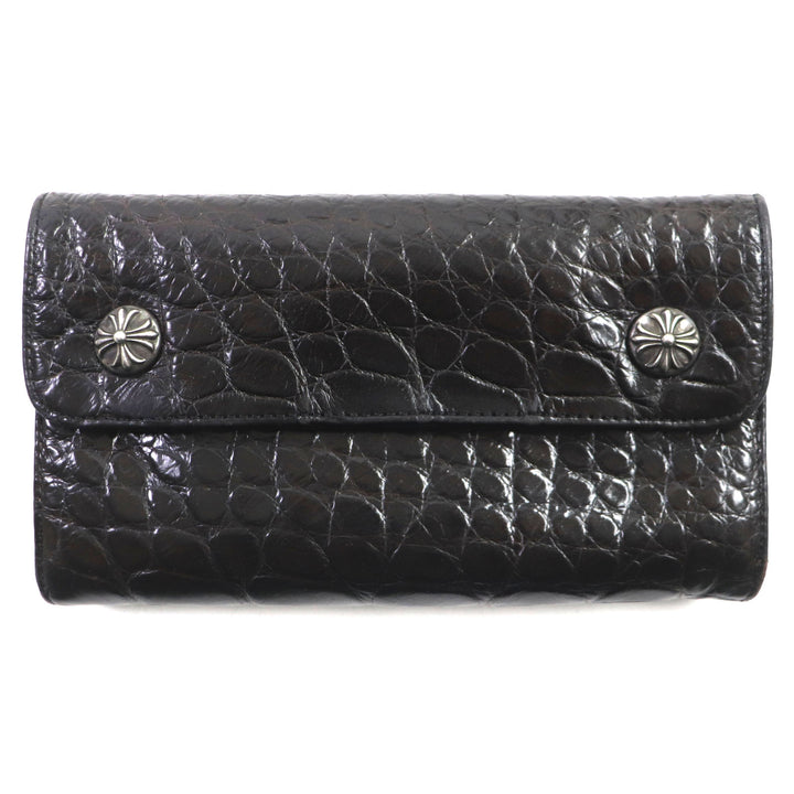 良品▼CHROME HEARTS クロムハーツ WAVE ウェーブ クロスボタン レザーウォレット アリゲーター クロコダイル 925 長財布 ダークブラウン