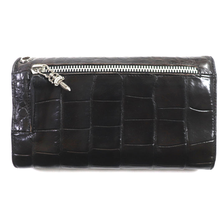 良品▼CHROME HEARTS クロムハーツ WAVE ウェーブ クロスボタン レザーウォレット アリゲーター クロコダイル 925 長財布 ダークブラウン