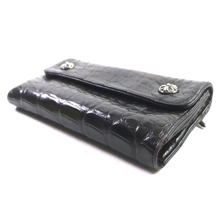 良品▼CHROME HEARTS クロムハーツ WAVE ウェーブ クロスボタン レザーウォレット アリゲーター クロコダイル 925 長財布 ダークブラウン
