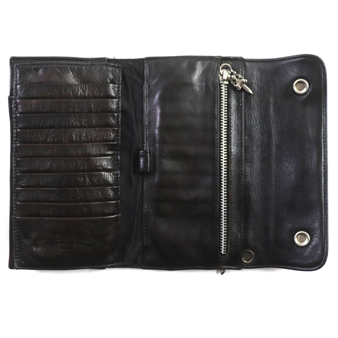 良品▼CHROME HEARTS クロムハーツ WAVE ウェーブ クロスボタン レザーウォレット アリゲーター クロコダイル 925 長財布 ダークブラウン