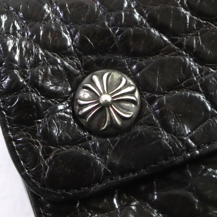 良品▼CHROME HEARTS クロムハーツ WAVE ウェーブ クロスボタン レザーウォレット アリゲーター クロコダイル 925 長財布 ダークブラウン