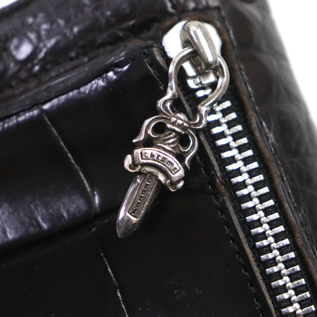 良品▼CHROME HEARTS クロムハーツ WAVE ウェーブ クロスボタン レザーウォレット アリゲーター クロコダイル 925 長財布 ダークブラウン