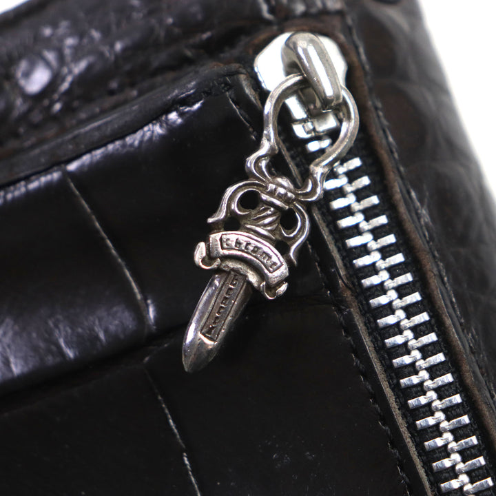良品▼CHROME HEARTS クロムハーツ WAVE ウェーブ クロスボタン レザーウォレット アリゲーター クロコダイル 925 長財布 ダークブラウン