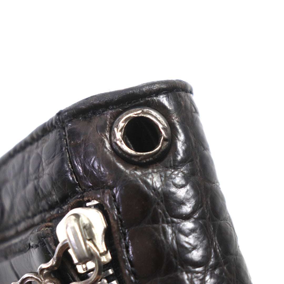 良品▼CHROME HEARTS クロムハーツ WAVE ウェーブ クロスボタン レザーウォレット アリゲーター クロコダイル 925 長財布 ダークブラウン