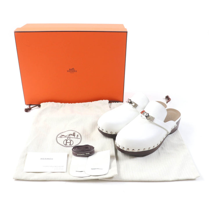 美品★HERMES エルメス Carlotta カルロッタ シルバー金具 ケリーバックル レザー ミュール ホワイト 36 箱・保存袋付き 伊製 レディース