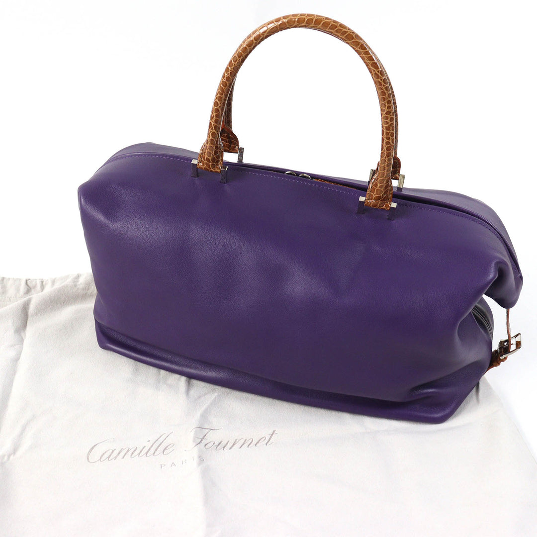 極美品△Camille Fournet カミーユフォルネ クロコダイル使い レザー ハンドバッグ パープル ブラウン 保存袋付き フランス製 レディース
