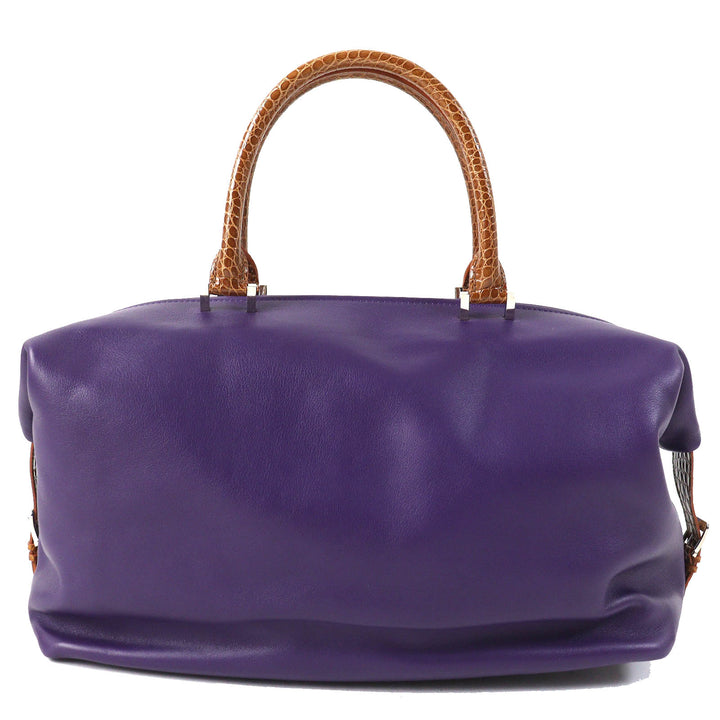 極美品△Camille Fournet カミーユフォルネ クロコダイル使い レザー ハンドバッグ パープル ブラウン 保存袋付き フランス製 レディース