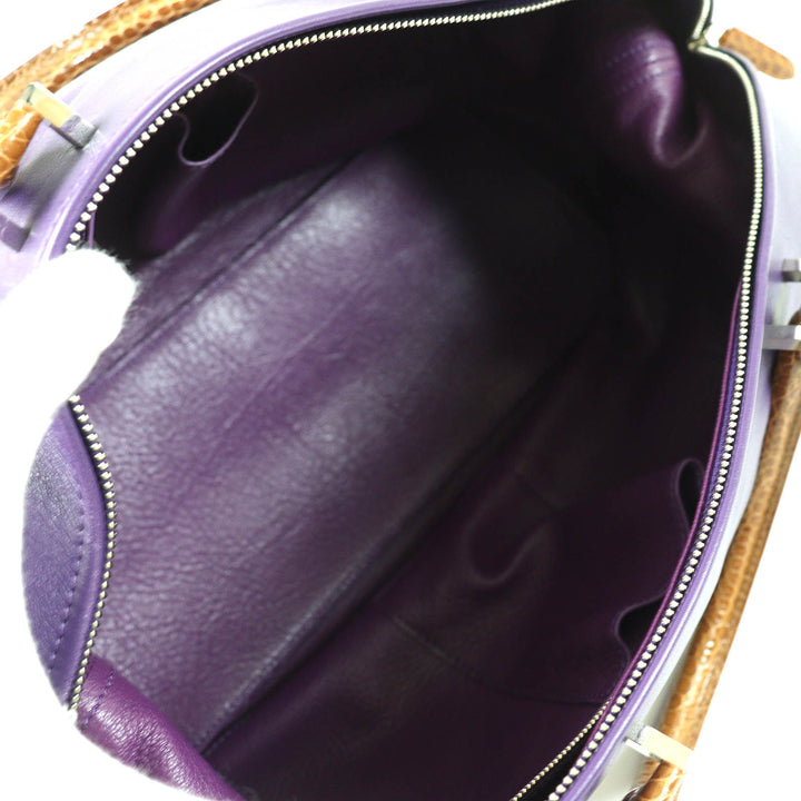 極美品△Camille Fournet カミーユフォルネ クロコダイル使い レザー ハンドバッグ パープル ブラウン 保存袋付き フランス製 レディース