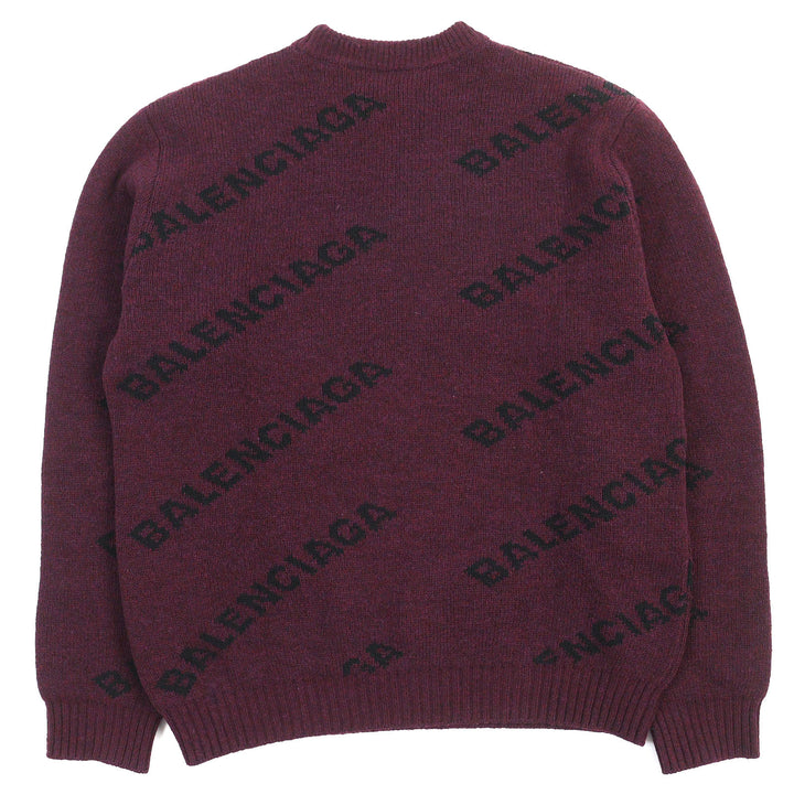 極美△BALENCIAGA バレンシアガ 534493 ALL OVER LOGO ウール ラウンドネック ロングスリーブ ニット セーター ボルドー M 正規品 メンズ