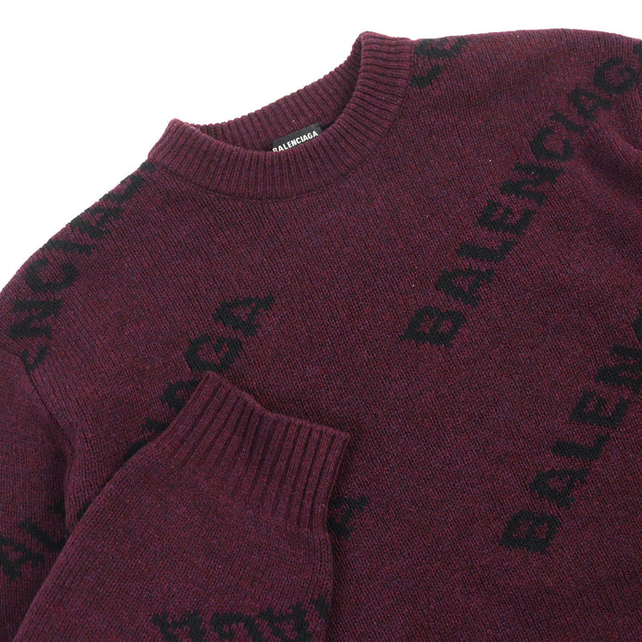 極美△BALENCIAGA バレンシアガ 534493 ALL OVER LOGO ウール ラウンドネック ロングスリーブ ニット セーター ボルドー M 正規品 メンズ