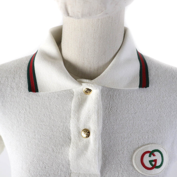 極美品★GUCCI グッチ 20年製 599122 ウェブストライプ インターロッキングG パイル地 コットン 半袖ポロシャツ ホワイト XS 正規品