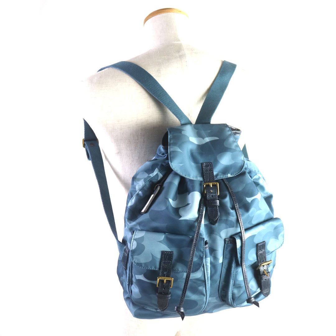 未使用品▼Felisi フェリージ 15/56 総柄 クロコ型押し レザー使い 巾着 ナイロンリュック・デイパック ブルー系 メンズ　定価79200円
